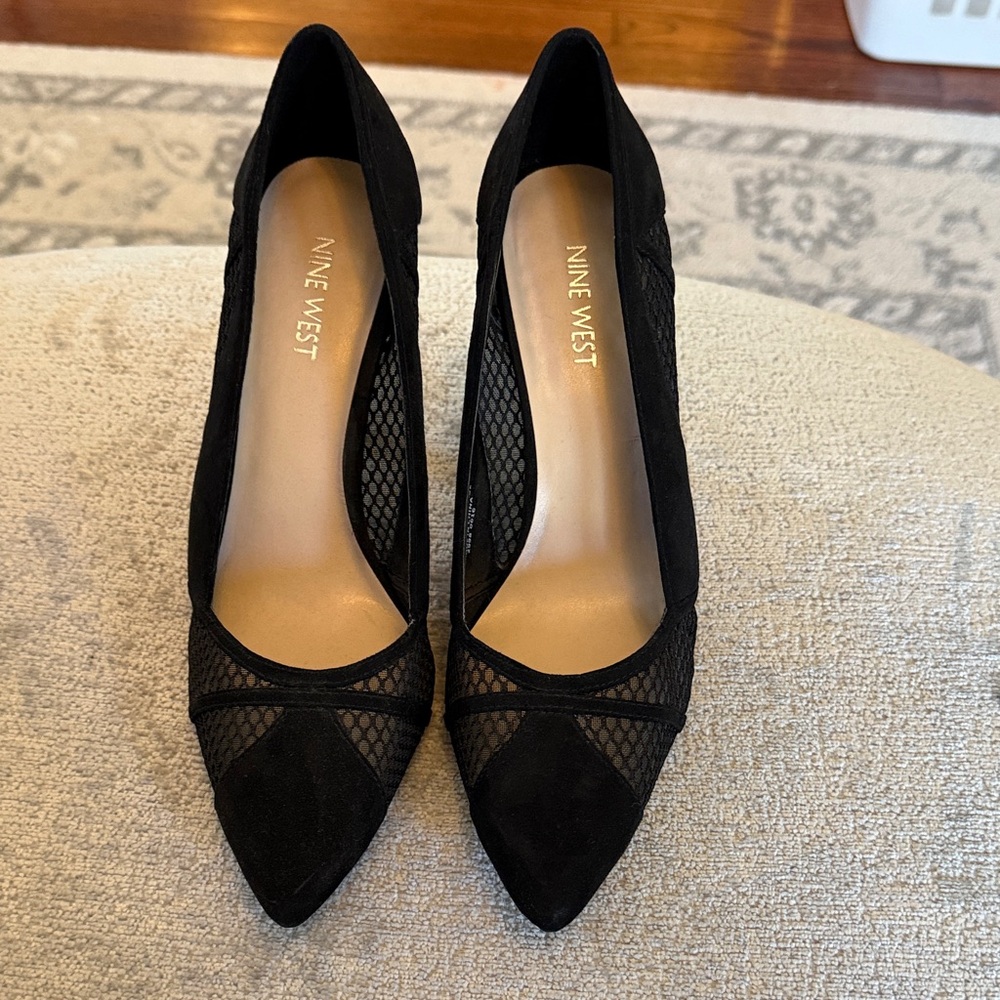Nine West Black Pointed-Toe Mesh and Suede Pumps